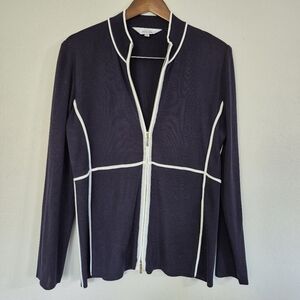 Misook Exclusively Navy With White Full Zip Knit Sweater White Piping Large